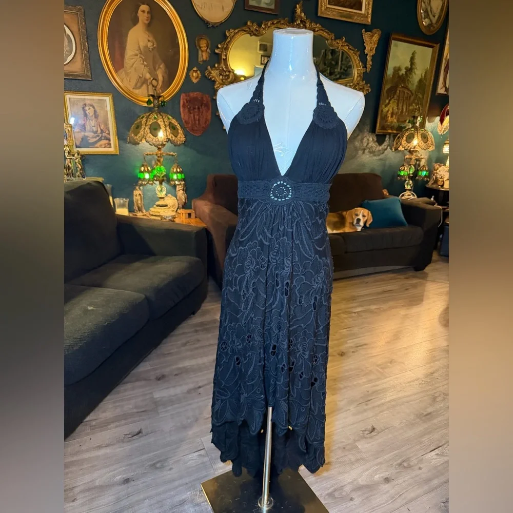 SKY Black Lace Halter High-Low Dress – Medium – Boho Witchy Y2K Vibes - Picture 3 of 11